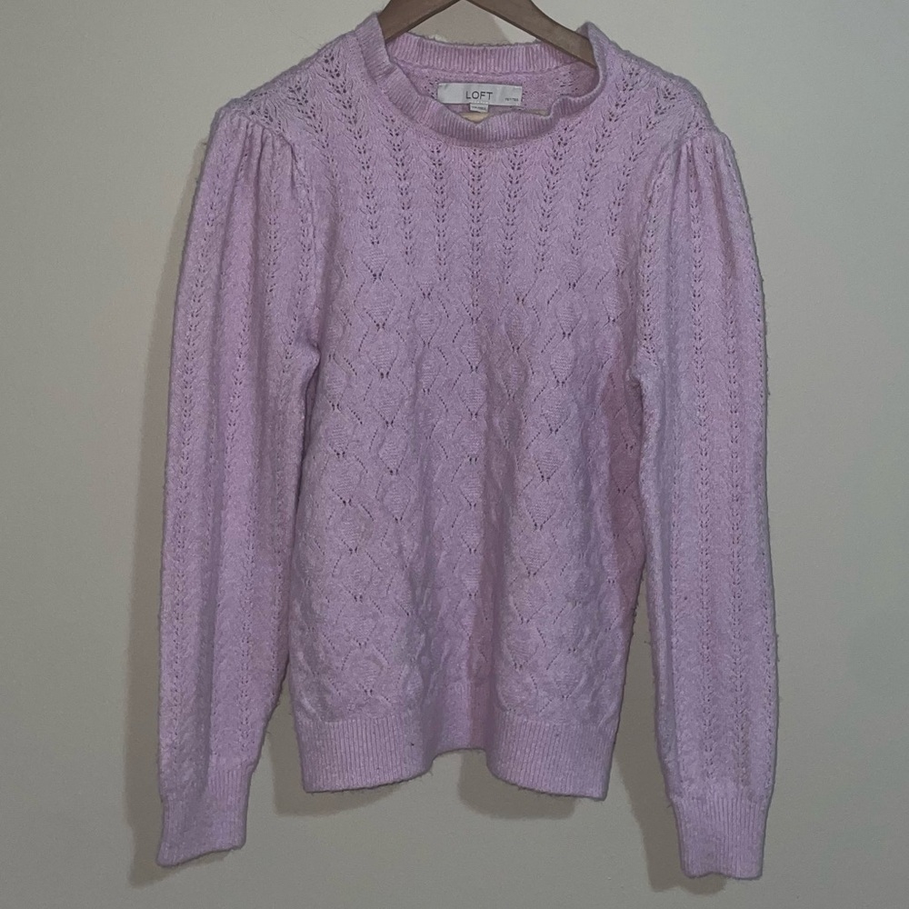 Loft Ruffle Neck Puff Sleeve Lilac Cable Knit Sweater Size XS Petite